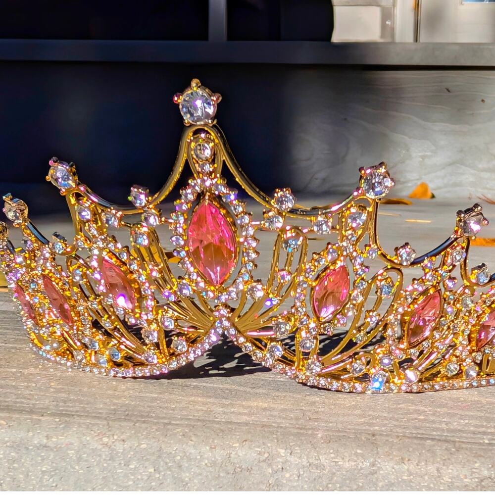 Gorgeous Gold Tiara Pink Teardrop Crystals Prom Pageant Princess Crown Headpiece